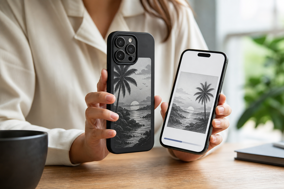 Person holding an E Ink phone case beside an app showing custom artwork transfer