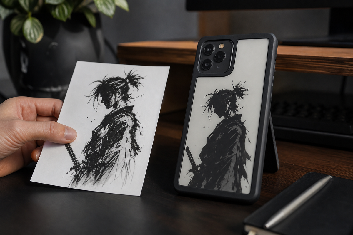 Smartphone in an E Ink case displaying a high-contrast anime character design on a desk