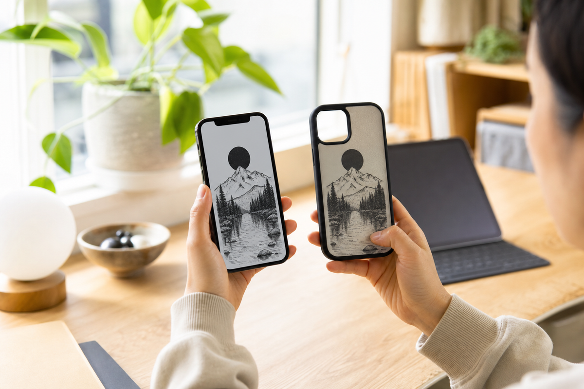 Person holding an NFC E Ink phone case beside a smartphone with custom artwork in a home workspace