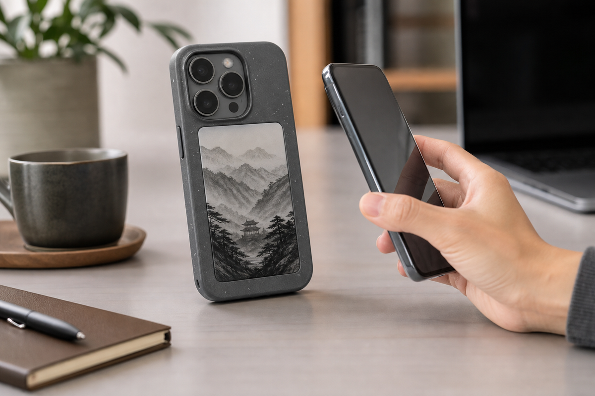 Smartphone in an E Ink NFC case displaying artwork during image transfer on a desk