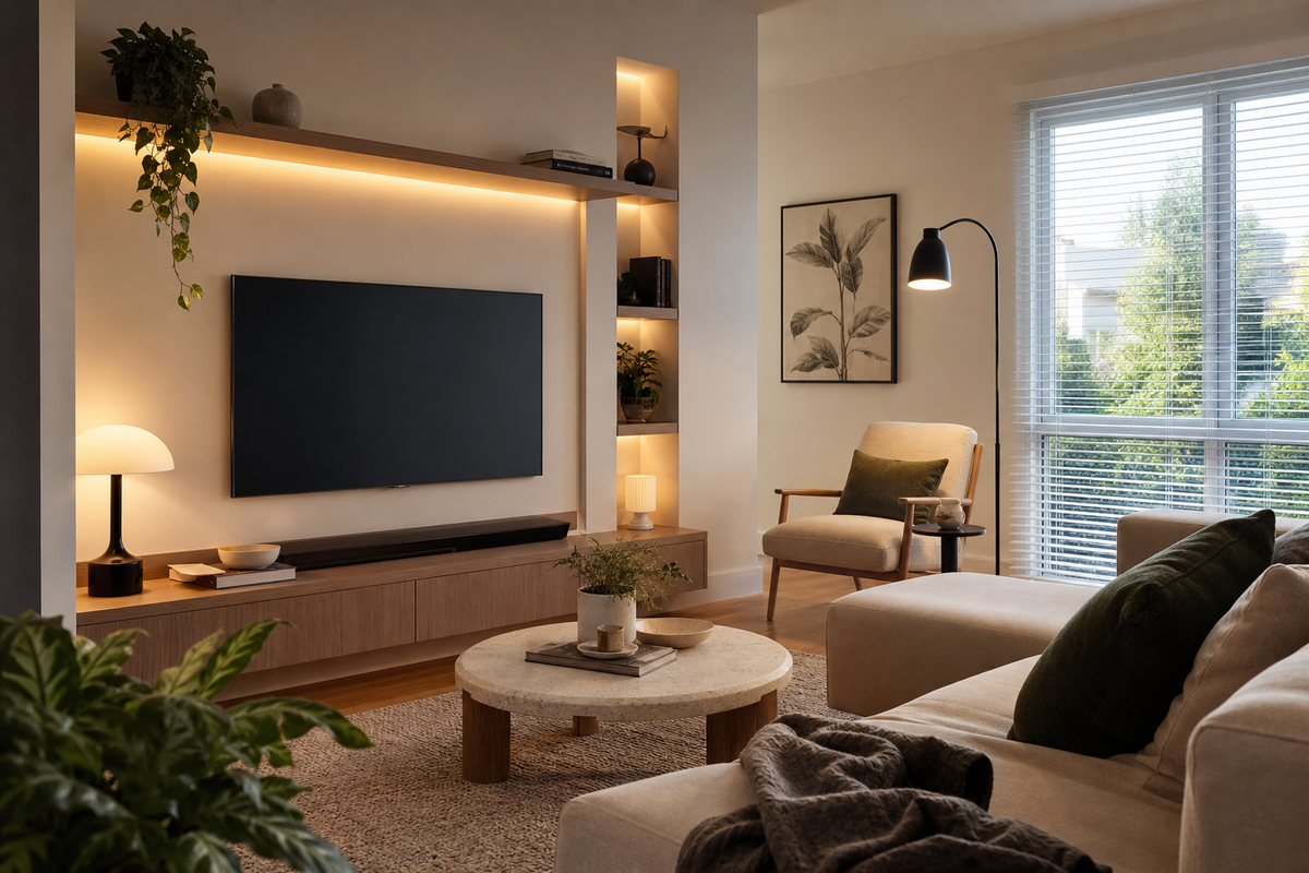 Australian living room with floor lamp, reading chair, daylight, and layered indoor lighting
