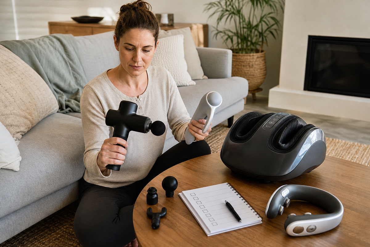 Person comparing home massager types beside a checklist in an Australian living room