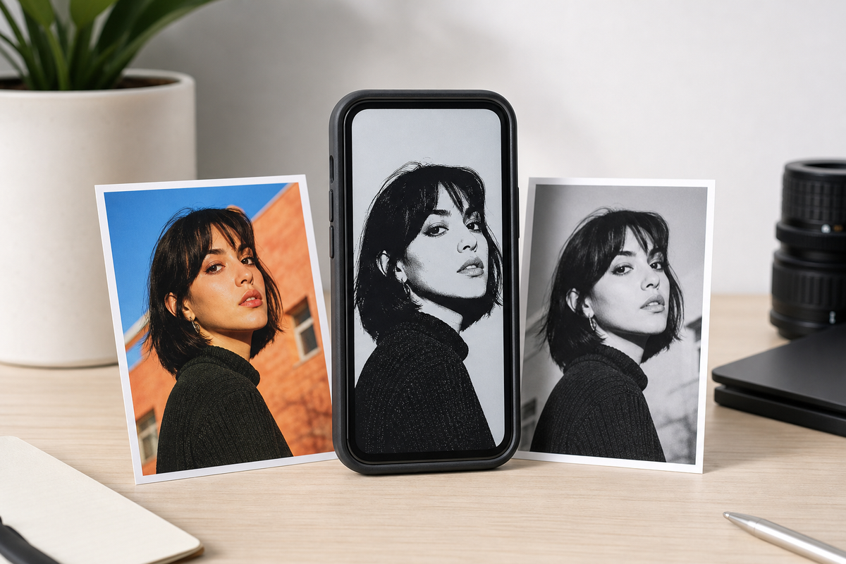 E Ink phone case displaying a high-contrast portrait beside original and grayscale photo versions on a desk