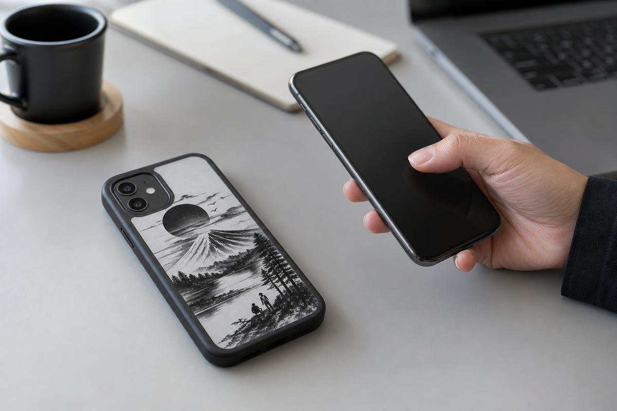 Smartphone in an E Ink case displaying high-contrast artwork on a desk
