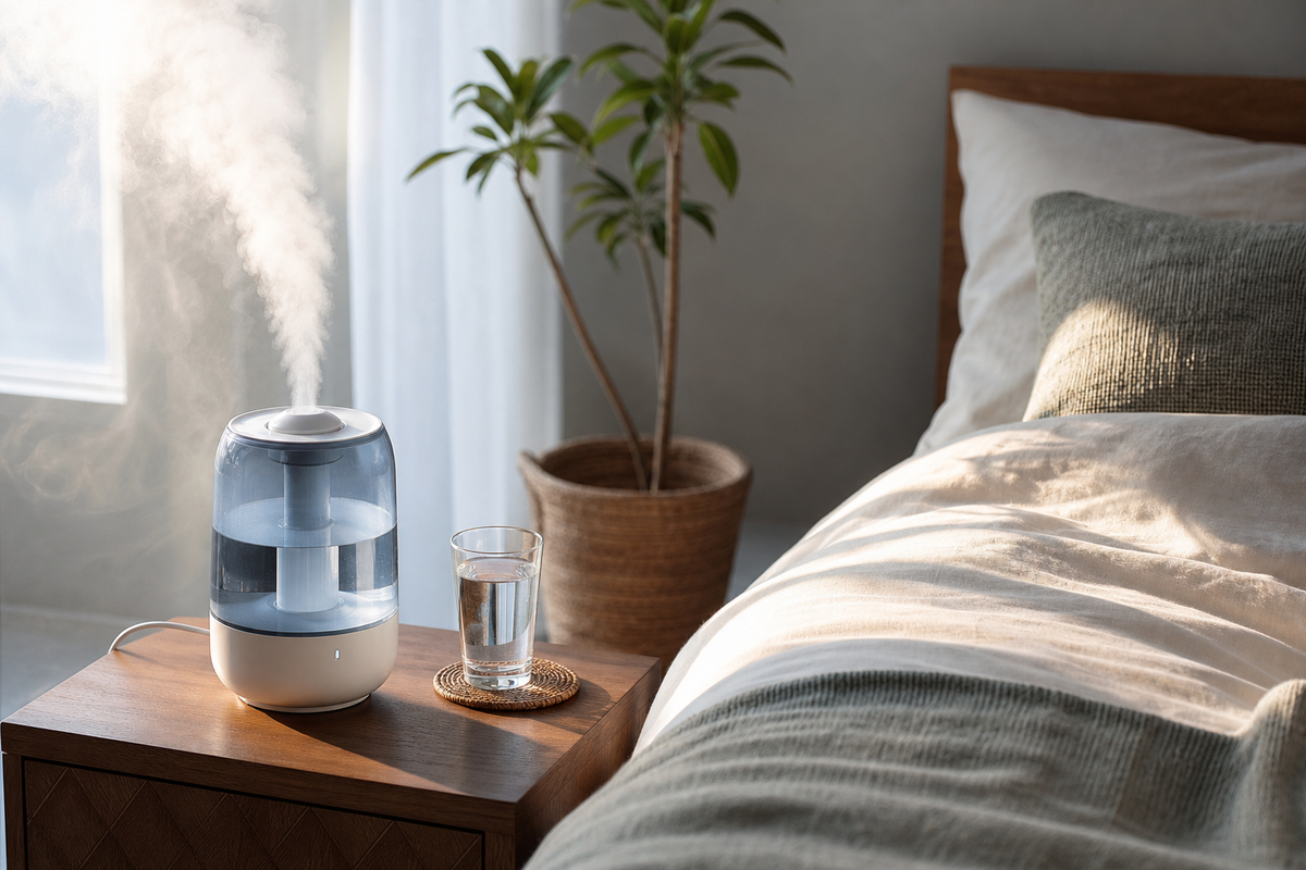 Humidifier running on a bedroom bedside table with safe clearance from electronics