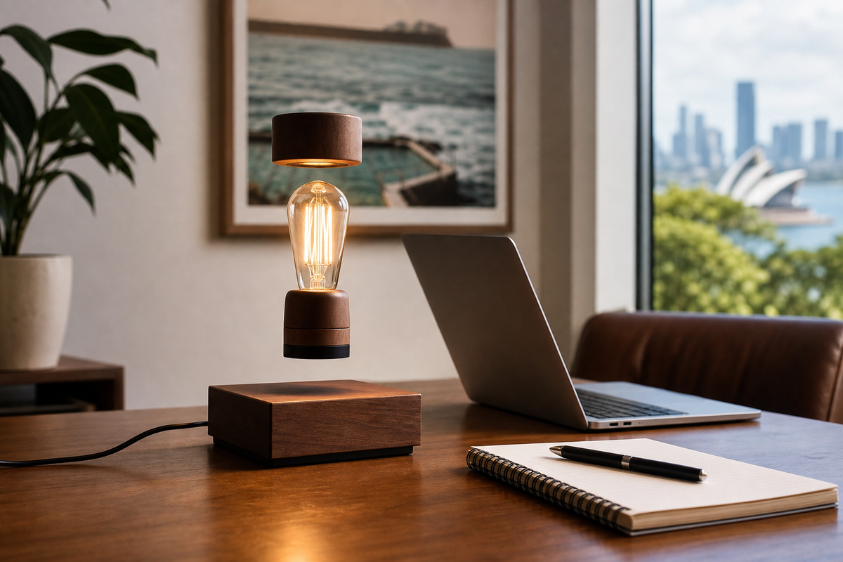 Levitating lamp floating above its base on a desk beside a notebook and laptop