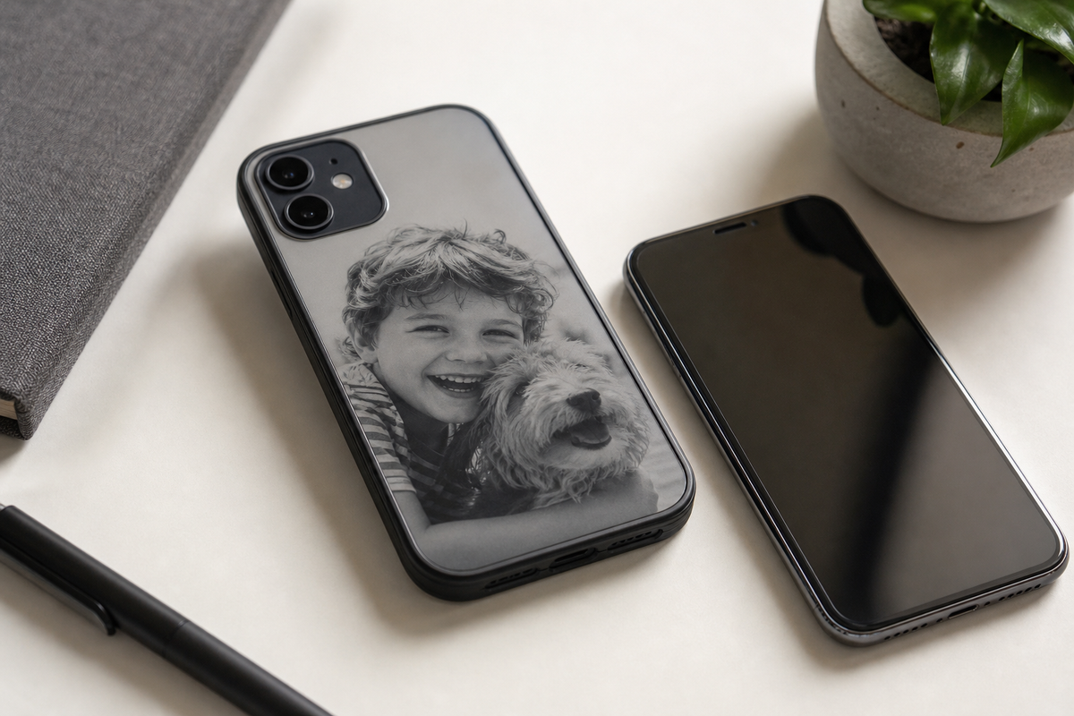 Smartphone with glass-back E Ink case displaying a monochrome photo beside another phone