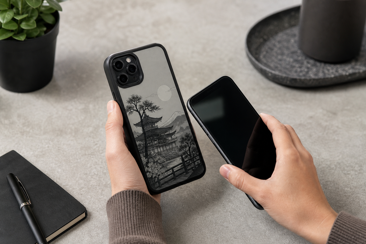 Phone in E Ink case displaying custom artwork during an NFC transfer test on a desk