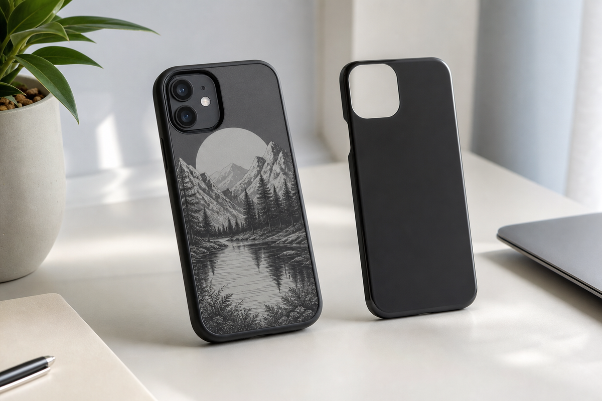 Smartphone in a customizable E Ink case beside a fixed plastic phone case on a desk