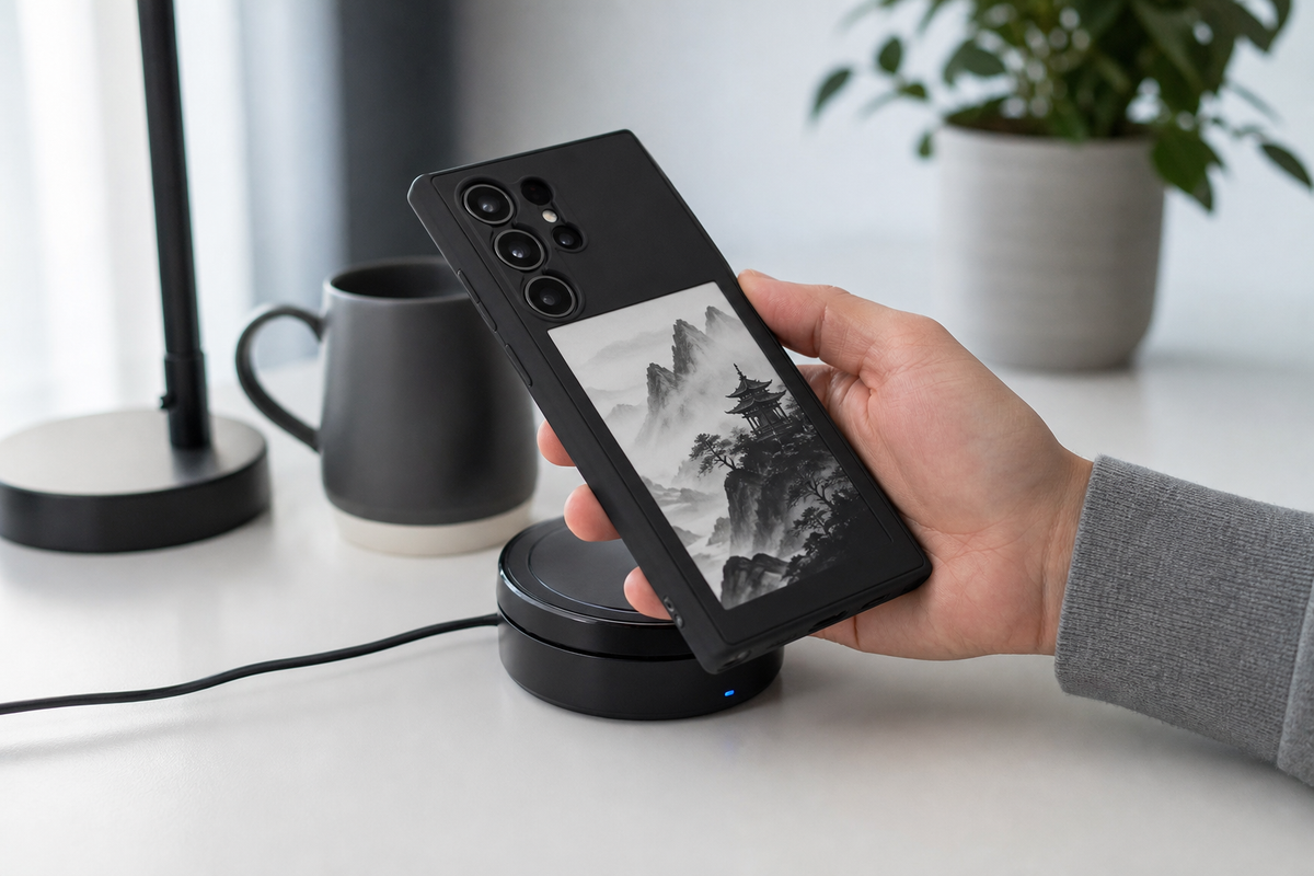 Galaxy S24 Ultra in an E Ink case displaying artwork during NFC setup on a desk