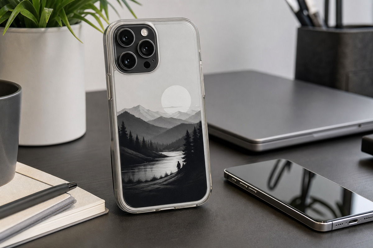 Smartphone with a black-and-white E Ink case displaying artwork beside an NFC-enabled phone