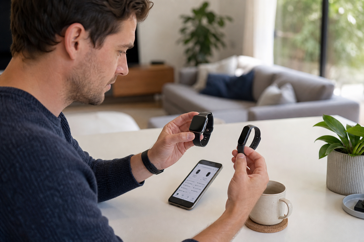 Shopper comparing a smartwatch and fitness tracker beside a smartphone at a home desk