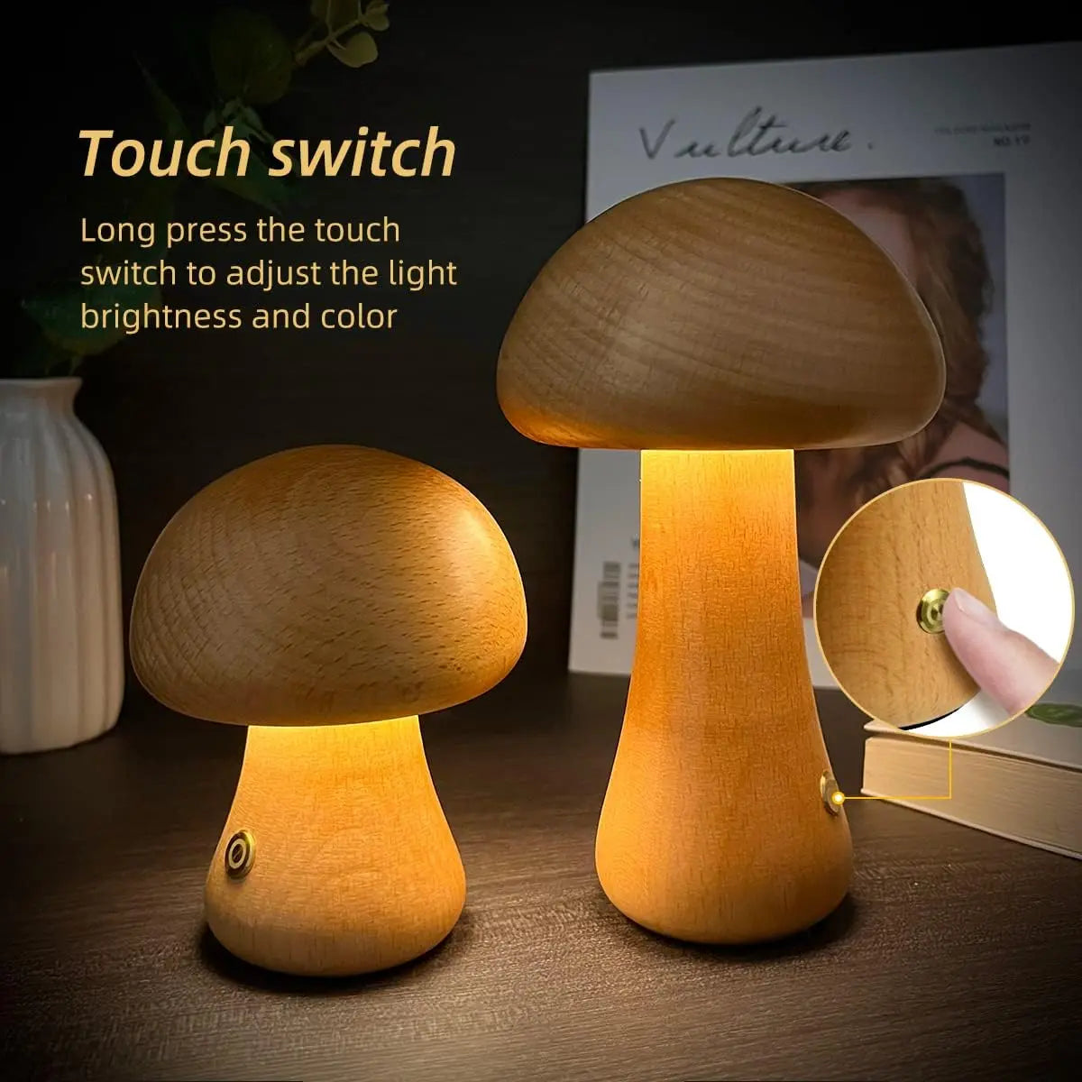 INS Wooden Cute Mushroom LED Night Light With Touch Switch Bedside Table Lamp - ShopTapEink.com