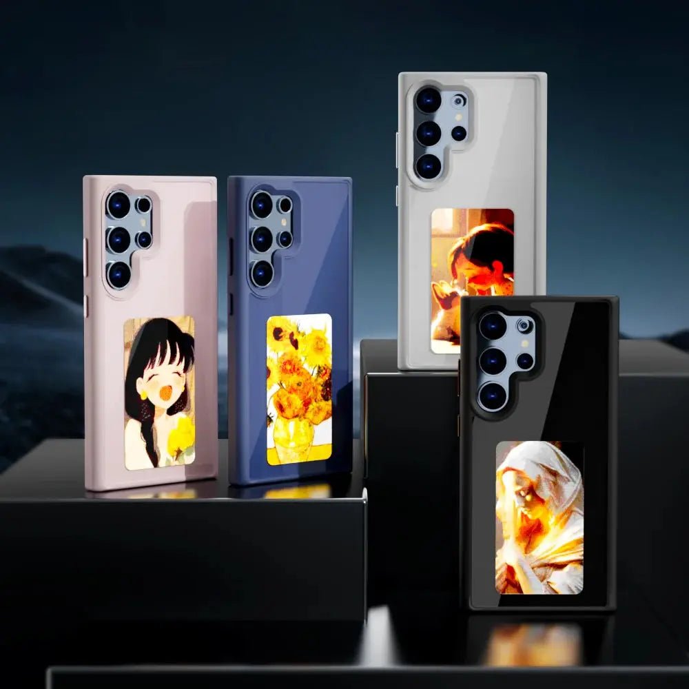 Luxury DIY NFC E Ink phone case for Galaxy S24 Ultra with tempered AG glass back and battery-free bistable display